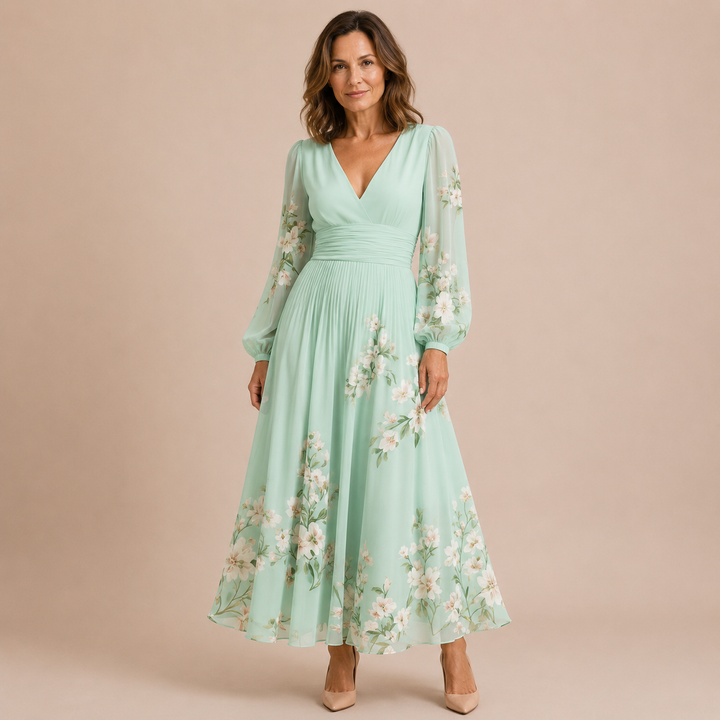 Celeste - Midi Dress with Long Sleeves and V-Neckline