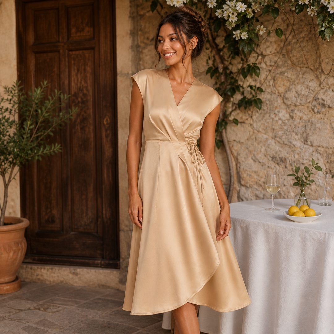 Carmen – Σατέν Midi Φόρεμα με Σταυρωτό Ντεκολτέ και Ρέουσα Γραμμή