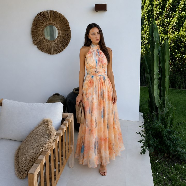 Καταλίνα – Midi Floral Φόρεμα Ακουαρέλας με Ανοιχτή Πλάτη