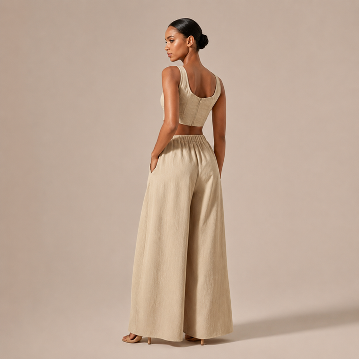 Ροκία - Σετ Crop Top με Ίσιο Ντεκολτέ και Παντελόνι Palazzo με Κορδόνι