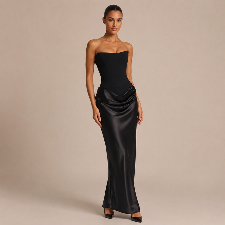 Αλεχάντρα - Μακρύ strapless φόρεμα με δομημένο κορσέ και σατινέ φούστα με drape