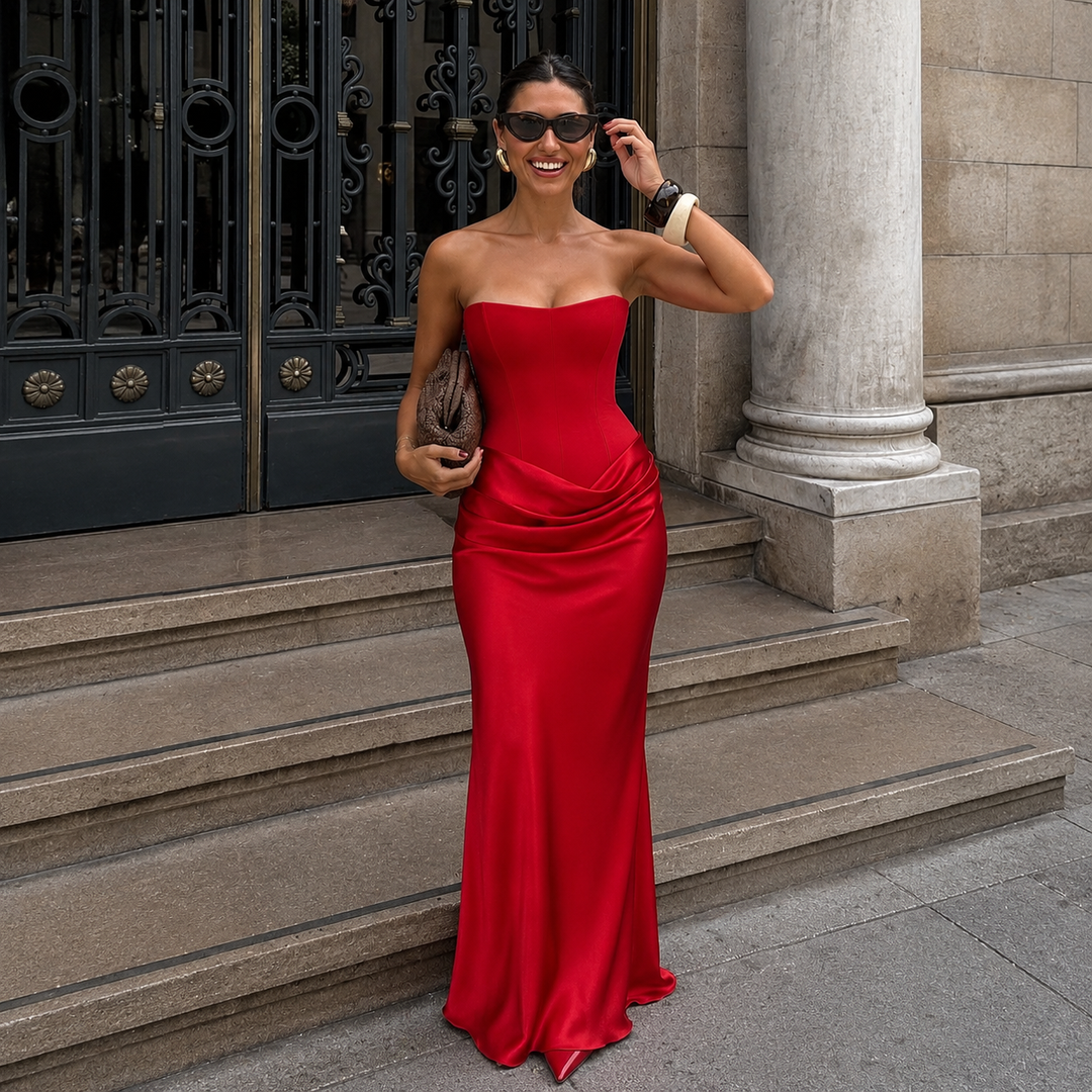 Αλεχάντρα - Μακρύ strapless φόρεμα με σφιχτό κορσέ και σατινέ φούστα